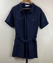 Greylin Womens Button Romper Larges Navy Blue Belted Short Sleeve Preppy Classic