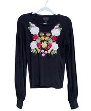 Magaschoni Floral Embroidered Sweater Black Size Medium Sz M Long Sleeve New