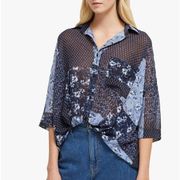 French Connection Blue Floral Patchwork Sheer Button Up Short Sleeve Blouse