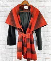 Bar III Red Black Cape Coat Jacket Tie Wool Blend Long Sleeve XS