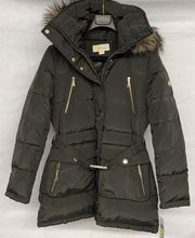 NEW Medium M Michael Kors Jacket Coat Puffer Belted Hood Fur Trim Down logo