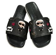 KARL LAGERFELD JESLYN BLACK ENAMEL EMBELLISHMENTS TIC TOC SLIDE SHOES 7