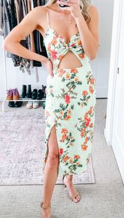 Light Green Floral Cut Out Midi Dress