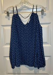 Crescent Blue/White Print V Neck Strappy Cold Shoulder Blouse size S