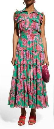 Misa Trina Sleeveless Floral Print Chiffon Maxi Dress Green Pink Women's Size XL