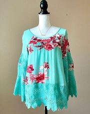 Aqua Green Floral Crochet Lace Bell Sleeve Tunic Top Sz L