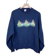 Jerzees Vintage  Navy Blue Cardinal Birds Christmas Trees Crewneck Sweatshirt XL