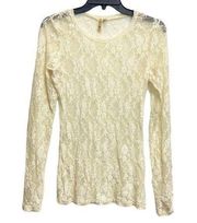 BKE Large Tan Floral Lace Sheer Long Sleeves Fitted Top