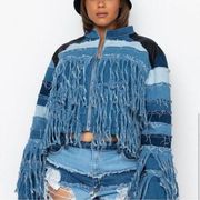 Azalea Wang Akira Shaggy Baby Denim Jacket Fringe Blue Jean Women’s Size Large