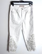 Soft Surroundings 6 Ultimate Straight Crop Embroidered Boho Cream Denim Jeans