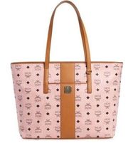 MCM Anya Top Zip Shopper Soft Pink Black Logo Coated Canvas And Leather Tote