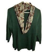 Notations Crewneck Sweater Green Floral Scarf Attached