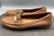 Coach Shoes Womens 7 B Olive Loafers Camel Tan Pebbled Leather Gold Chain Logo