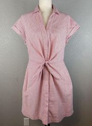 Vineyard Vines Womens Tie Front Shirt Dress 12 Pink White Seersucker Pockets