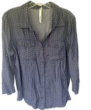 NY Collection Polka Dots Soft Denim Like Casual Button Down Mix Print Top Blouse