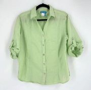 Fresh Produce Womens Linen Blend Tab Sleeve V Neck Button Up Top Lime Green XL