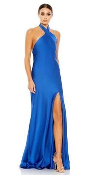 Mac Duggal 26925 Cobalt Blue Asymmetrical Crisscross Halter Gown Size 0 New