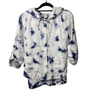 Rachel Zoe Women's Medium High Low Tie Dye Linen Button Up Hooded Top Pockets