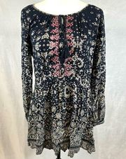 long sleeve navy white and pink boho tunic top size small