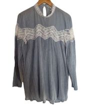 Tassel N Lace Womens Long Sleeve Boho Tunic Blouse Blue Keyhole Neck Size Medium