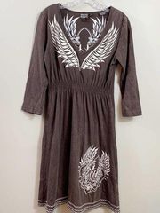 Rock & Roll Cowgirl Embroidered Angel Wing Brown/White V-Neck Shirt Dress