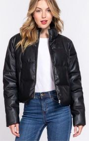 Black Cropped Puffer Jacket - Faux Leather - Multiple sizes