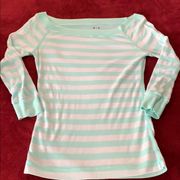 Mint green and white striped boat neck top with 3/4 sleeves size medium