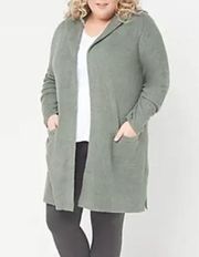 Barefoot Dreams CozyChic Lite Relaxed Hooded Cardi Sweater with Pockets Green 1x