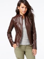 Guess NWT Quilted-Derail Faux-Leather Moto Jacket Vintage - Espresso - Size XS