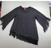 Sunny Leigh Womens Top Size 1X Black Fringe Asymmetrical Hem Long Sleeve Tunic