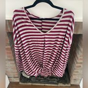 White Birch Medium V Neck Top Front Twist Burgundy and Grey Relaxed fit