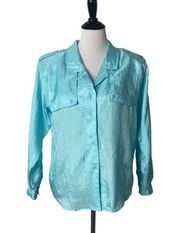 Diane von Furstenberg Button Up Blouse Vintage Blue Roll Sleeves Women Size 12 P