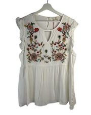 Umgee Plus Sz 1X Top Babydoll Floral Embroidered Ruffle Sleeveless Keyhole Front