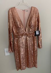 Charolette Russe Pink Sequin Plunge Neck Mini Long Sleeve Dress