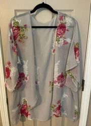 Gray open front chiffon gray & floral kimono jacket beach cover up.