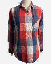 Red White Blue Plaid Pullover Long Sleeve Blouse Women’s Size S