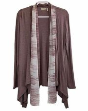 LOGO Lori Goldstein Plum Open Front Knit Cardigan w/ Sheer Contrasting Trim Med