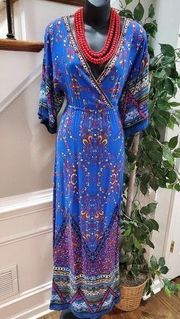 Flying Tomato Women's Blue Rayon V-Neck 3/4 Sleeve Long Maxi Dress Size Small
