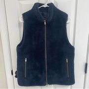 J Crew Faux Fur Plush Fleece Full Zip Navy Blue Vest Gold Accents Women‘a Size M