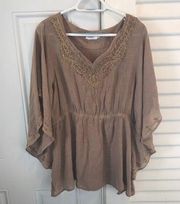 Perch By Blu Pepper Beige Flowy Lightweight Top Embroidered