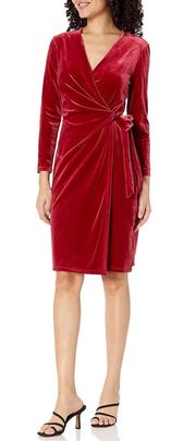 Anne Klein 3/4 Sleeve Side Tie Solid Velvet Wrap Dress in Titan Red Medium