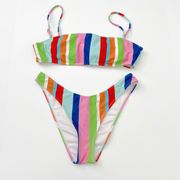 [Forever 21] Rainbow Striped High Leg Cut Cheeky Bikini Bandeau Top Sz Medium M