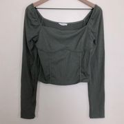 NORDSTROM LUSH OLIVE GREEN CORSET LINED LONG SLEEVE CROPPED CROP SHIRT TOP