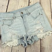 American Eagle  Jean Shorts "Hi Rise Jean Shortie" Light Wash Lace Pockets-6