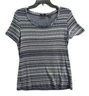 Saks Fifth Avenue Womens Tribal Print T Shirt Size L Navy Gray Knit Short Sleeve