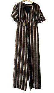 Sugar Lips black brown white vertical stripe jumpsuit