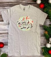 MERRY AND BRIGHT Christmas T-Shirt Retro Design Gray with Graphic Unisex Small