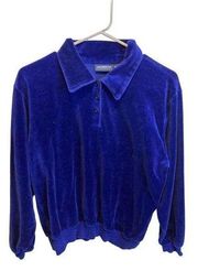 Liz Claiborne Lizsport  Blue Velour Collared Long Sleeve Sweatshirt Size Medium
