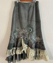 Vintage 90s Y2K West 36th Denim Floral Beaded Lace Midi Maxi Skirt Western M