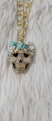 BETSEY JOHNSON SUGAR SKULL BEJEWELED FLORAL CROWNED SKULL RIBBON WEAVED  NECKLAC